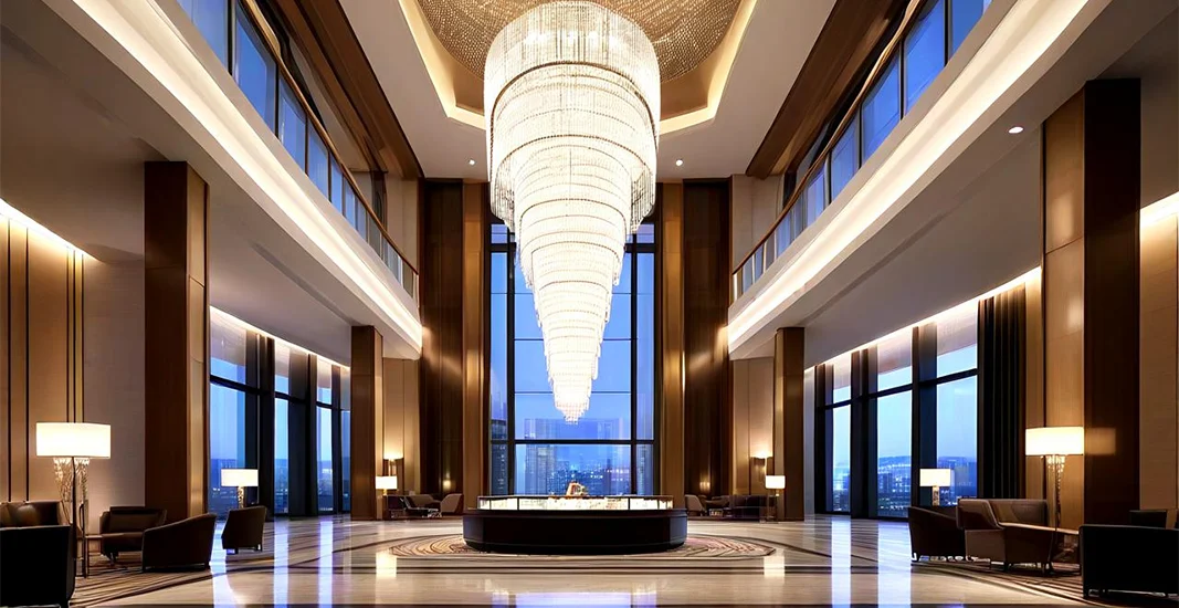 Custom large multi-layer crystal chandelier for luxury hotel lobby reception by RST.