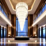 Custom large multi-layer crystal chandelier for luxury hotel lobby reception by RST.