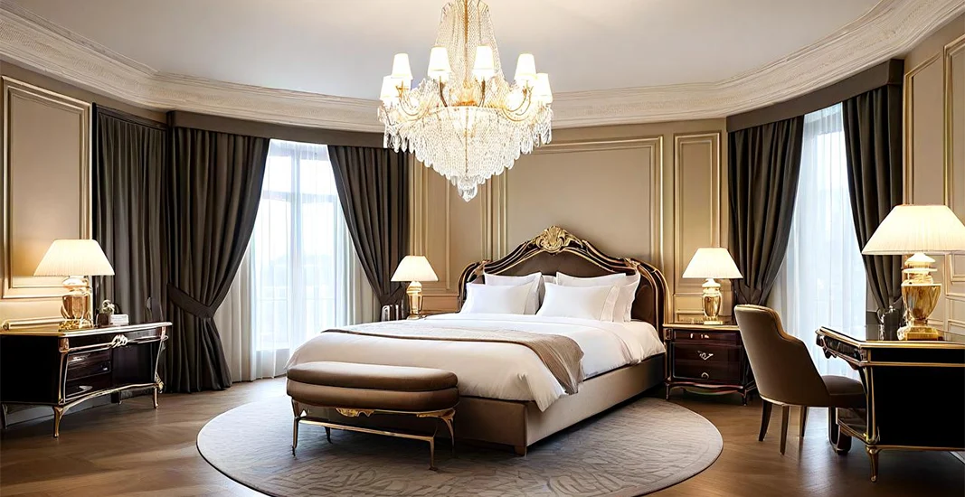 Luxury hotel guest room interior design by RST featuring bespoke hospitality lighting, designer furniture, and custom suite decor for B2B professional buyers.