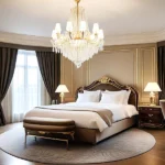 Luxury hotel guest room interior design by RST featuring bespoke hospitality lighting, designer furniture, and custom suite decor for B2B professional buyers.