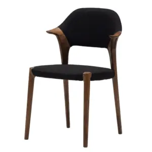 Mid-century modern ash wood dining armchair with black upholstery and walnut finish.