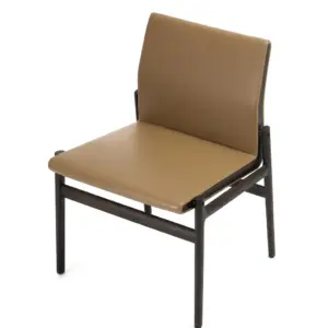 Mid-century modern solid ash wood dining chair in black oak finish with tan leatherette upholstery.
