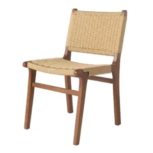 Front view of a walnut-colored solid rubberwood dining chair with a hand-woven kraft paper rattan seat and backrest.