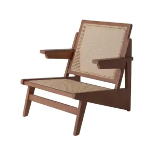 Mid-century modern solid rubberwood lounge chair with hand-woven Indonesian rattan seat and backrest in walnut finish.