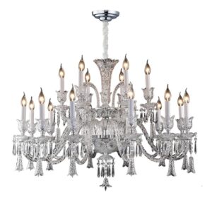 A grand 18-light tiered crystal chandelier with cascading prisms and an adjustable chain against a dark background.