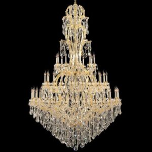 A colossal 60-light tiered crystal chandelier hanging in a luxury high-ceiling grand hall.