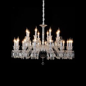 A 12-light European classical crystal chandelier with cascading prisms and an adjustable chain.