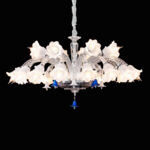 A 24-light luxury K9 crystal chandelier with a tiered design and cascading pendants in a grand dining room.