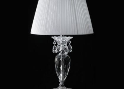 Luxury Egyptian Crystal Table Lamp with white pleated shade for hotel bedside decor.