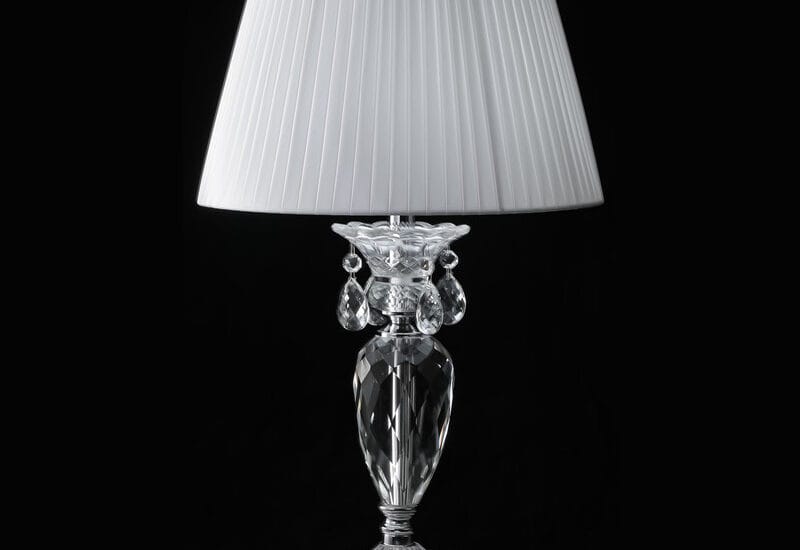 Luxury Egyptian Crystal Table Lamp with white pleated shade for hotel bedside decor.