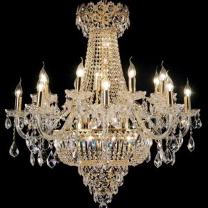 A 12-light European crystal chandelier with cascading prisms and an adjustable chain against a neutral background.