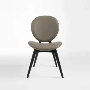 Modern black oak dining chair with round backrest and grey leather seat