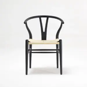 Mid-century modern Solid Rubberwood Wishbone Chair with natural woven cord seat in walnut finish.