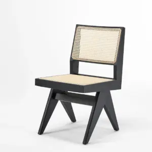 Solid Ash Wood Dining Chair with Indonesian natural rattan backrest in Walnut finish.