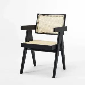 Solid Ash Wood Dining Chair in Walnut finish with Indonesian natural rattan backrest.