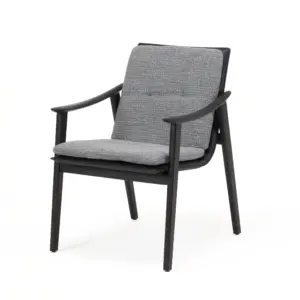 Solid Ash Wood Lounge Chair in Smoked finish with Grey fabric upholstery.