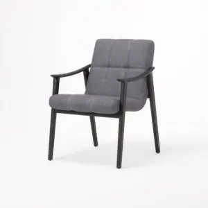 Solid Ash Wood Armchair in Smoked finish with Grey fabric upholstery.