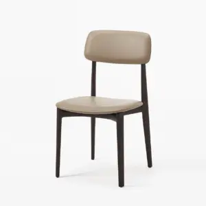 Minimalist solid ash wood dining chair in grey leather and pink fabric.