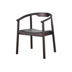 Modern solid ash wood armchair with black woven rattan seat in smoked oak finish.
