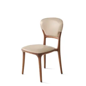 Front view of a dark brown solid ash wood dining chair with light beige leatherette padded back and seat.