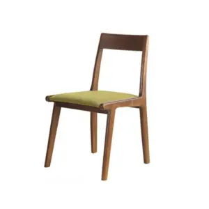 Mid-century solid rubberwood dining chair in walnut finish with olive green cushion.