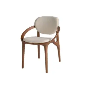 Mid-century solid ash wood armchair in walnut finish with white bouclé upholstered seat and backrest.