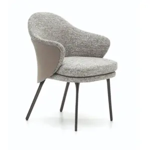 Luxury contemporary armchair featuring grey textured fabric interior and smooth leather exterior on dark metal legs.