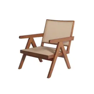 Mid-century modern solid rubberwood lounge chair with hand-woven Indonesian rattan seat and V-shaped legs in walnut finish.
