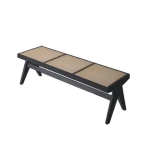 Black Oak Ash Wood Bench with Three-Panel Natural Rattan Seat.