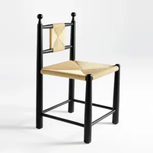 Front-side view of a Black Oak Rubberwood Dining Chair with a natural hand-woven paper cord seat and backrest.