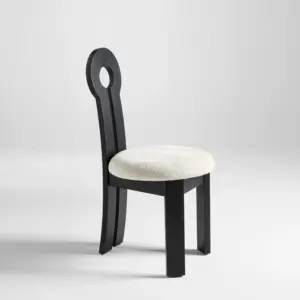 Side view of a Walnut-finished Rubberwood Dining Chair with white plush upholstery and a high sculptural backrest.