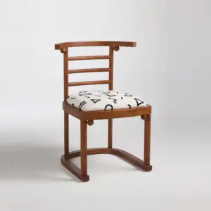Front view of a walnut-finished rubberwood dining chair with white floral print upholstery and a curved backrest.