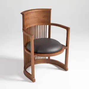 Front-view of a Walnut-finished solid ash wood dining chair with a high architectural spindle backrest.