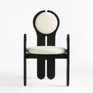 Front-view of an architectural high-back rubberwood dining chair in a rich walnut finish with spindle backrest.