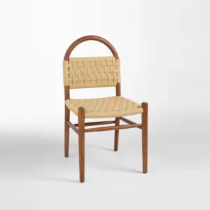Front view of a walnut-finished rubberwood dining chair with a hand-woven natural kraft paper cord seat and backrest.