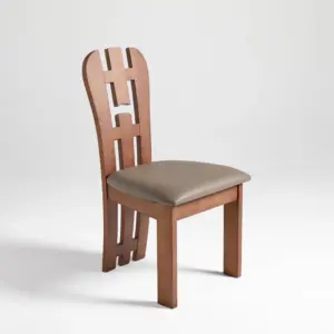 Front view of a walnut-finished solid rubberwood dining chair with a high sculptural spindle backrest.