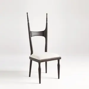 Front view of a 1260mm extra high-back ash wood dining chair in black oak finish with vertical spindles and finials.