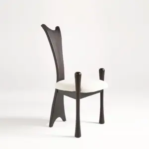 Front view of a 1020mm high-back ash wood dining chair in black oak finish with vertical spindles and spherical finials.