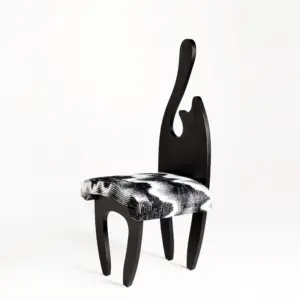 Front view of a 1020mm high-back ash wood dining chair in black oak finish with vertical spindles and spherical finials.