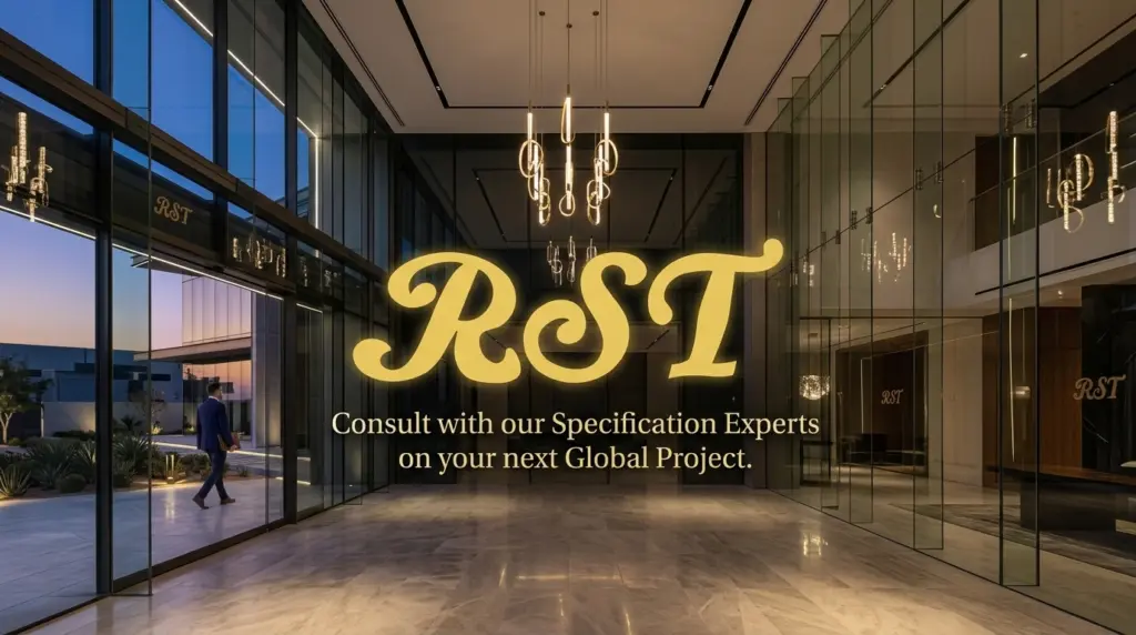 Architectural wide-angle shot of luxury lobby featuring RST hospitality lighting and furniture specification for B2B projects.