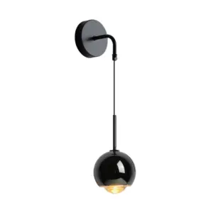 Modern gold and black sphere LED wall sconce with light beam.