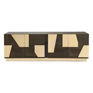 Luxury stainless steel sideboard with geometric gold and brown solid wood finish for hotel dining rooms.
