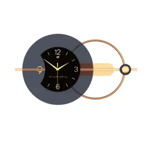 Modern luxury geometric metal wall clock in black and gold for hotel lobby decor.
