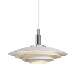 White multi-tier circular LED pendant light with adjustable height for luxury hotels.