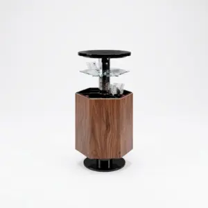 RST Luxury motorized pop-up liquor cabinet with hexagonal wood body and black glossy top.