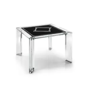 RST Luxury glass mahjong table with clear legs and black top surface.