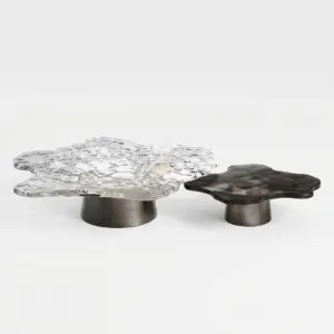 RST Luxury organic-shaped marble coffee table set with white and black stone tops on metal bases.