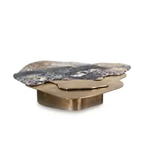 RST Luxury organic-shaped marble coffee table with layered brass base and multi-tonal stone top.