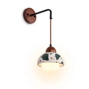 Luxury terrazzo and wood LED wall sconce with stone body and wooden cap for hotel decor.