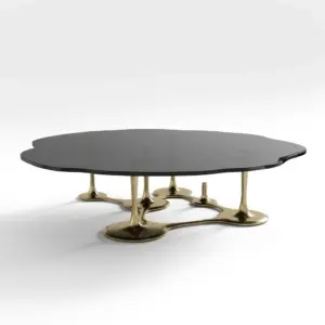 RST Luxury black tempered glass coffee table with a sculptural gold stainless steel base.